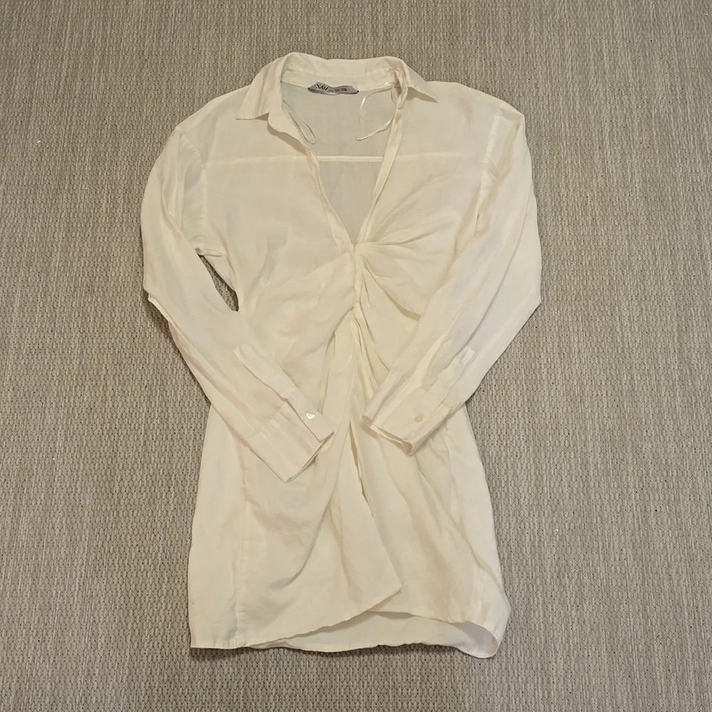 Zara White Ruched Shirt Dress - Picture 1 of 7